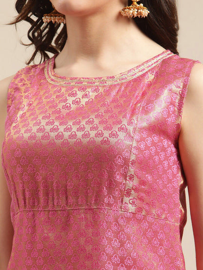 Dhiyona VA Women'sPink & Gold-Colored Brocade Sleeveless Kurta Sharara With Sequins Ruffle Dupatta