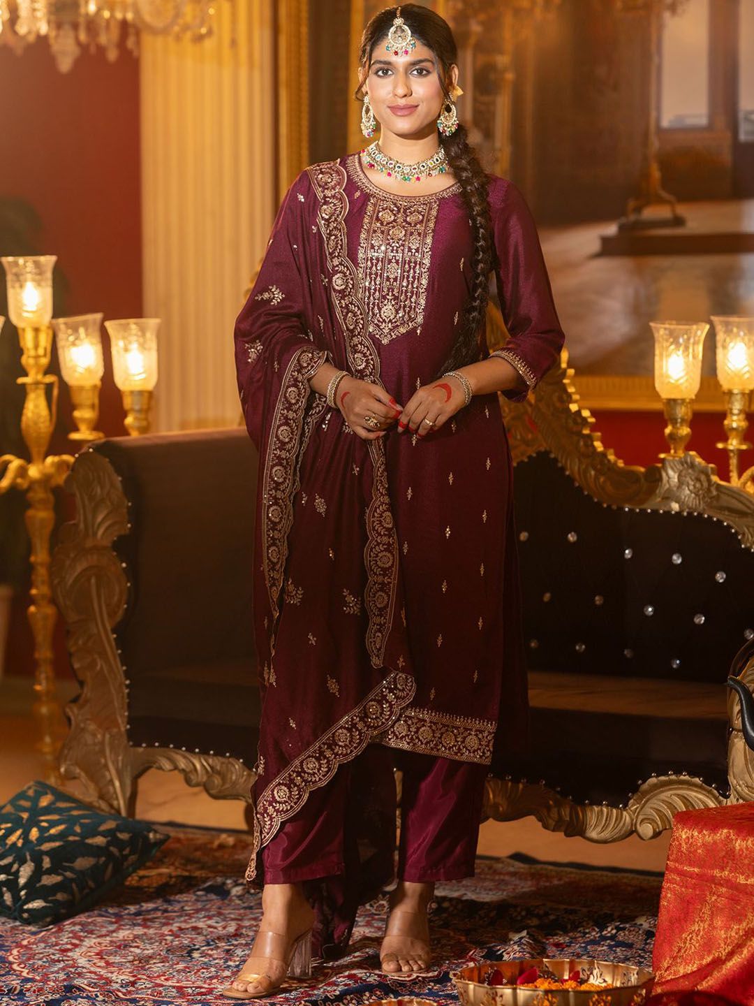 Embroidered Gotta Patti Work Round Neck Kurta With Trousers & Dupatta