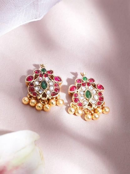 Dhiyona RJ Women's 22K Gold-Plated Ruby & Emerald Kundan Studded and White Pearls Beaded Jewelery Set
