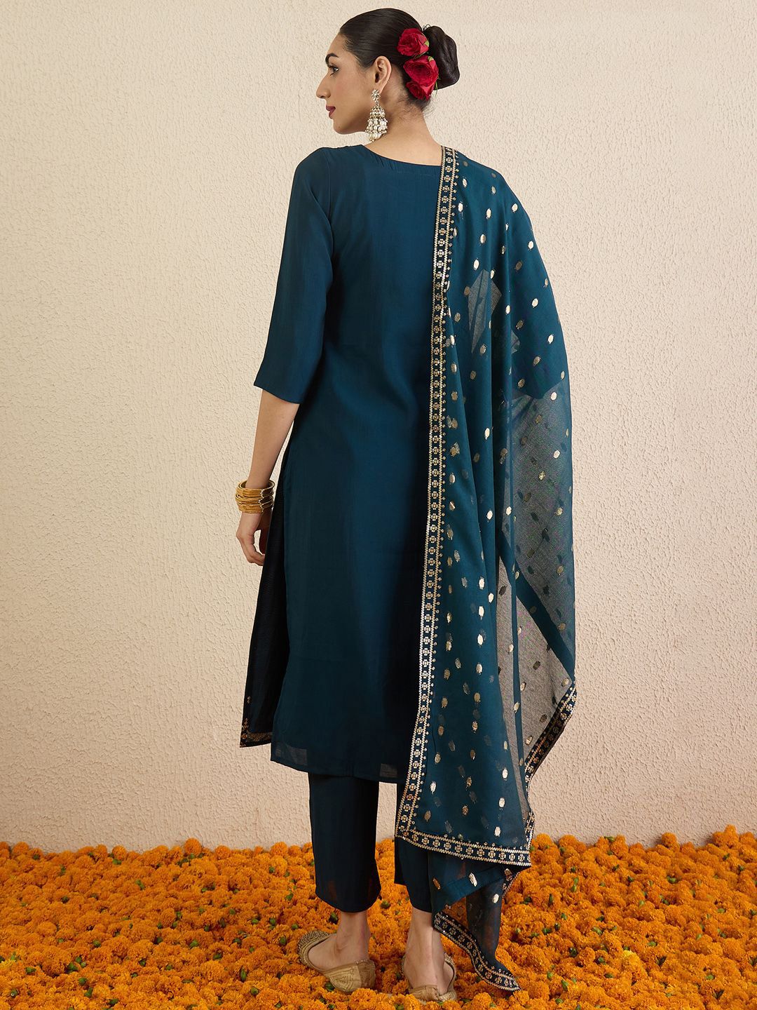 Women Solid Embroidered Kurta with Palazzo & Dupatta