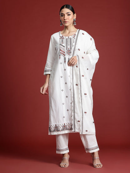 Dhiyona IE Floral Embroidered Thread Work Pure Cotton Kurta with Trousers & With Dupatta