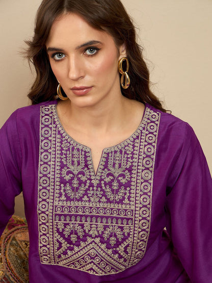 Dhiyona IE Ethnic Motifs Embroidered Notched Neck Thread Work Liva Straight Kurta