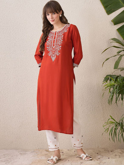 Dhiyona IE Floral Yoke Design Thread Work Cotton Straight Kurta