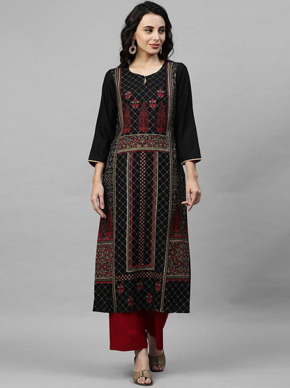 Dhiyona IE Women Black & Maroon Floral Print A-Line Kurta