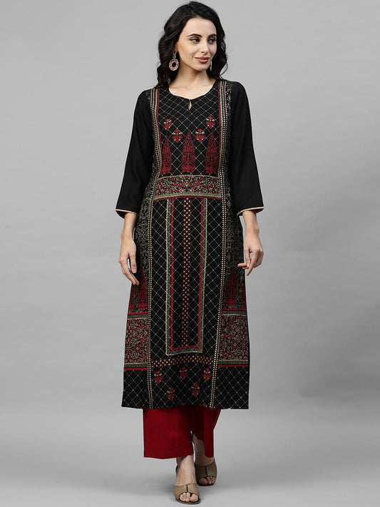 Dhiyona IE Women Black & Maroon Floral Print A-Line Kurta