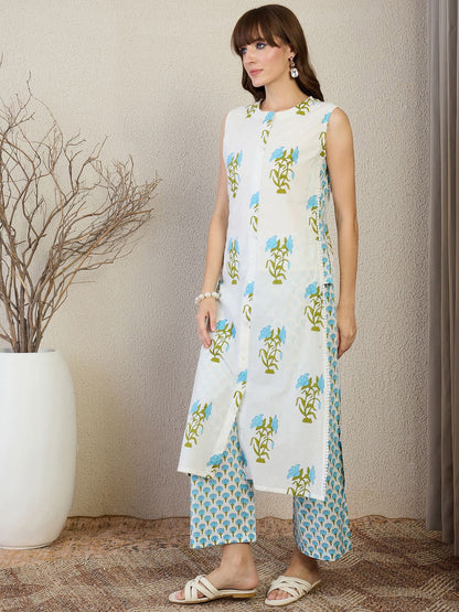 Dhiyona IE Floral Printed Pure Cotton Mandarin Collar Neck Top With Palazzos Co-Ords