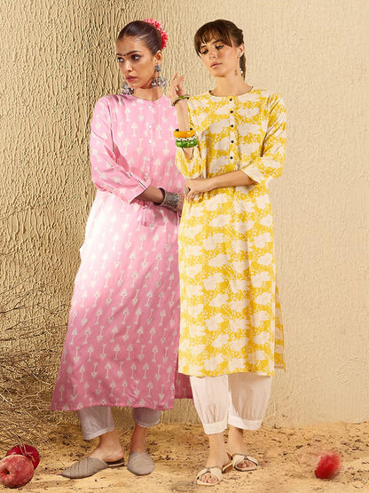 Dhiyona IE Pack of 2 Ethnic Motifs Printed Pastels Straight Kurta