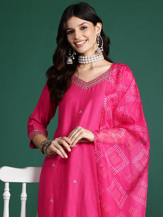 Dhiyona IE Embroidered Liva Kurta with Trousers & With Bandhani Print Dupatta
