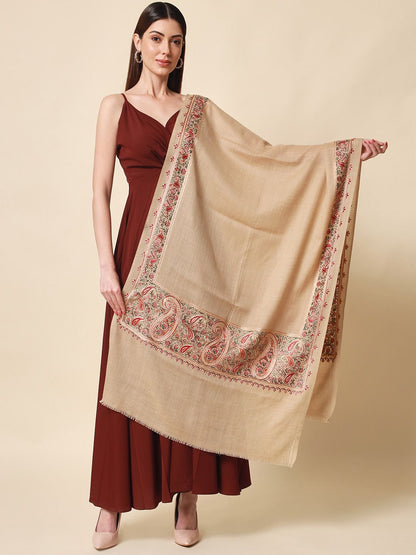 Dhiyona PA Women Beige Embroidered Pure Wool Shawl