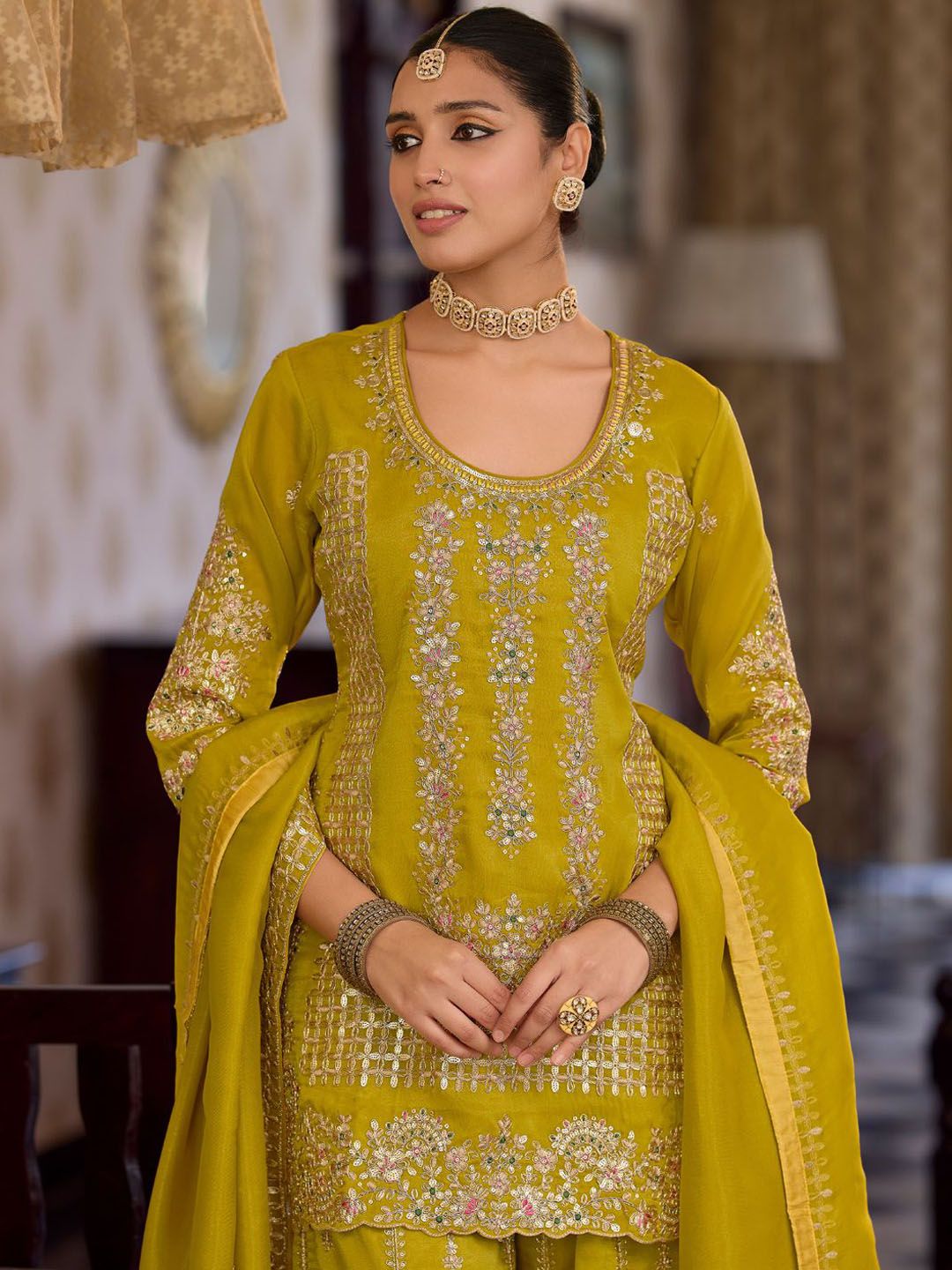Women Ethnic Motifs Embroidered Regular Sequinned Kurta with Palazzos & With Dupatta