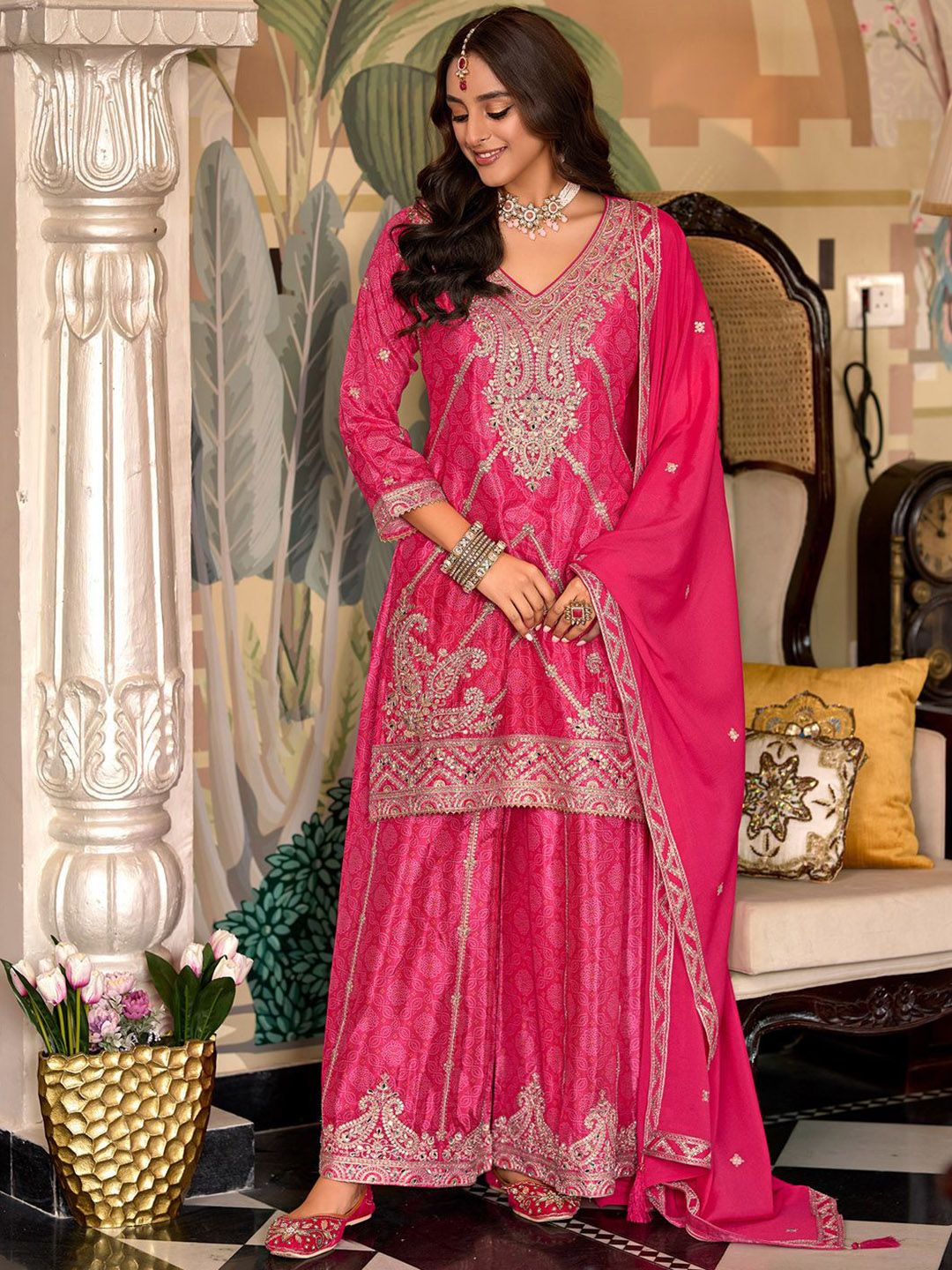 Paisley Embroidered Sequinned Chinon Straight Kurta With Palazzos & Dupatta