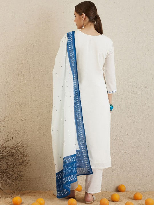 Women's Ethnic Motifs Embroidered Thread Work Pure Cotton Kurta with Trousers & Dupatta