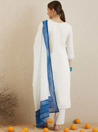 Dhiyona IE Ethnic Motifs Embroidered Thread Work Pure Cotton Kurta with Trousers & Dupatta