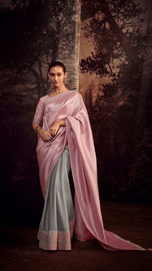 Dhiyona KM Women Twilight Elegance “ Pink & Gray Kanjivaram Silk Saree