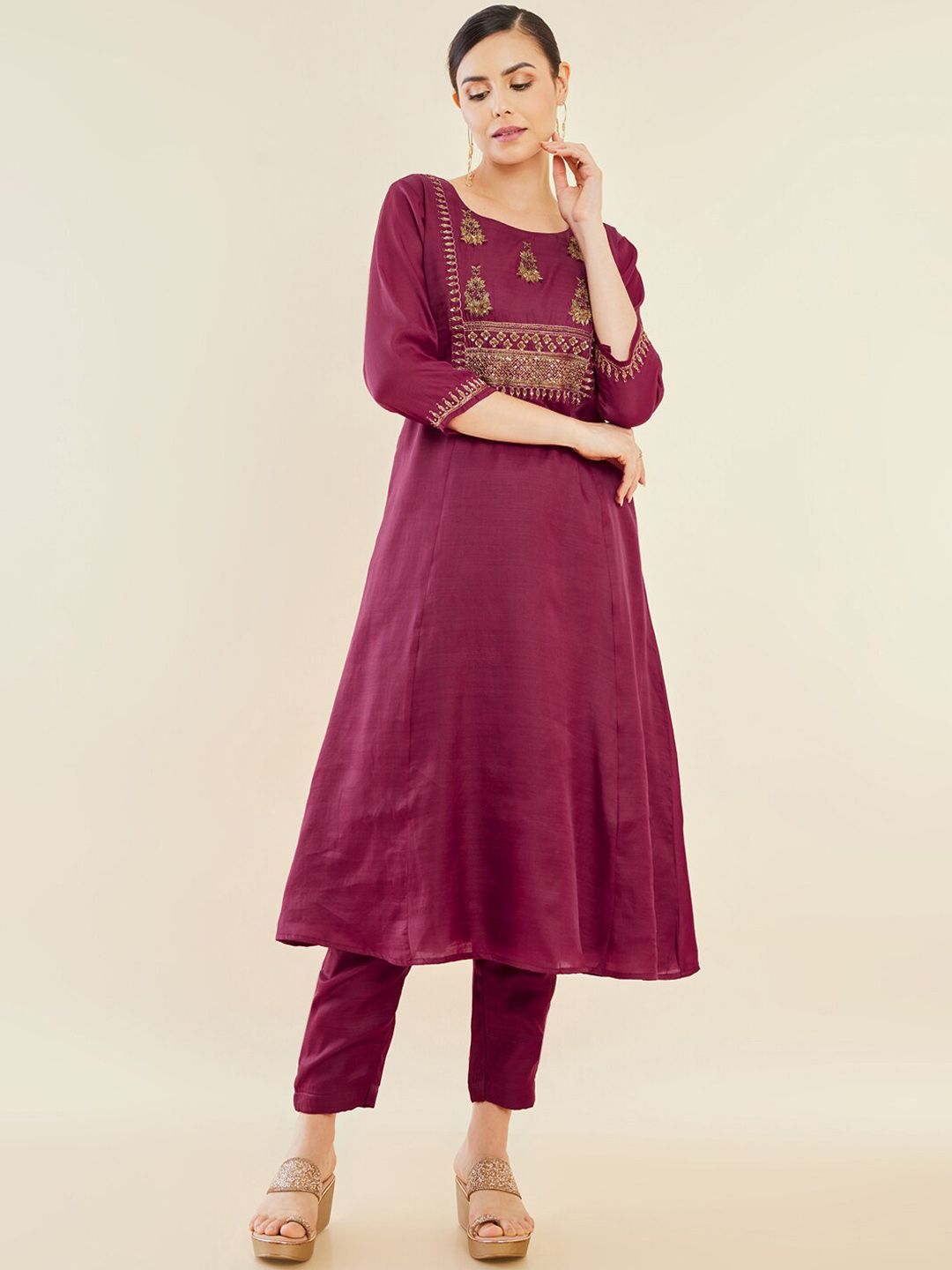 Dhiyona SO Women's Maroon Ethnic Motifs Embroidered Regular Sequinned A-Line Kurta With Trousers