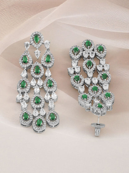Dhiyona RJ Women's Rhodium-Plated Emerald Green & White Cubic Zirconia Premium Chandelier Earrings