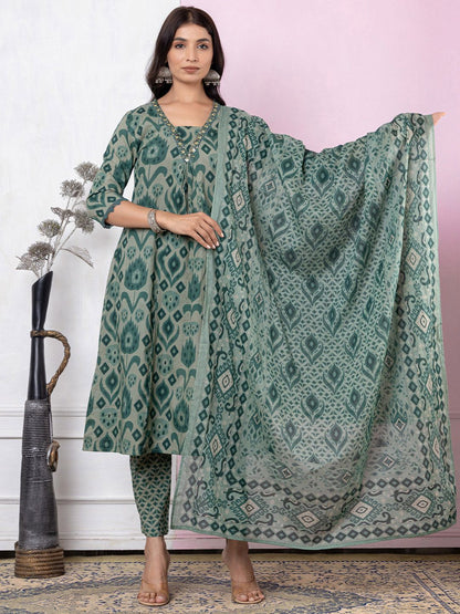 Dhiyona VA Women's Printed Regular Thread Work Pure Cotton Kurta with Trousers & With Dupatta