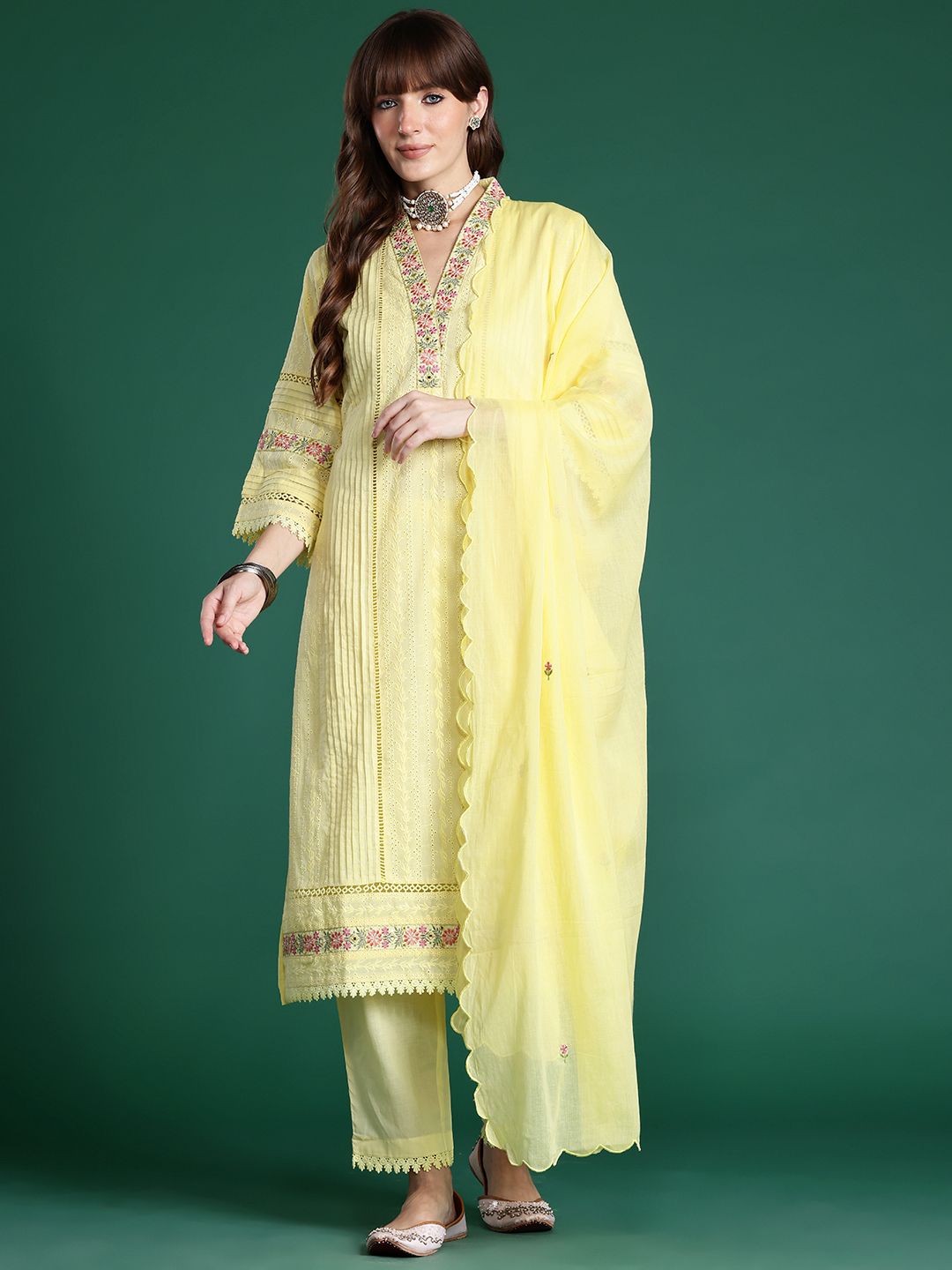 Floral Embroidered Pure Cotton Kurta with Trousers & Dupatta