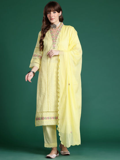 Floral Embroidered Pure Cotton Kurta with Trousers & Dupatta