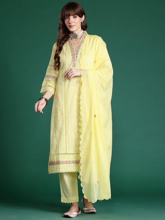 Floral Embroidered Pure Cotton Kurta with Trousers & Dupatta