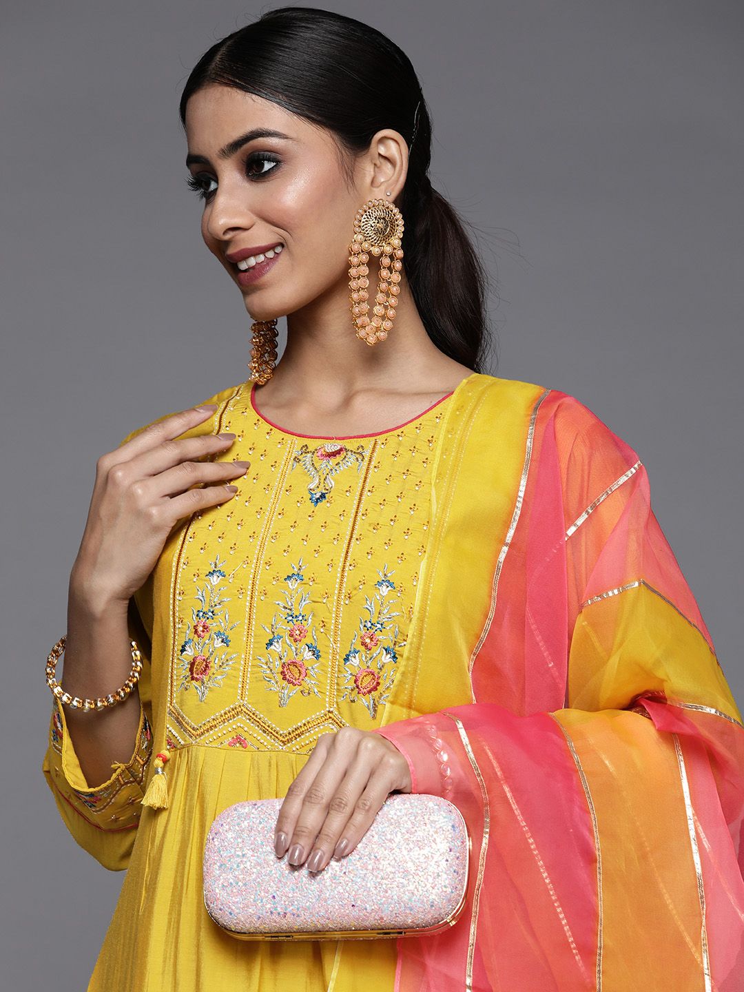 Dhiyona VA Women's Yellow Ethnic Motifs Embroidered Beads and Stones Kurta with Trousers & With Dupatta