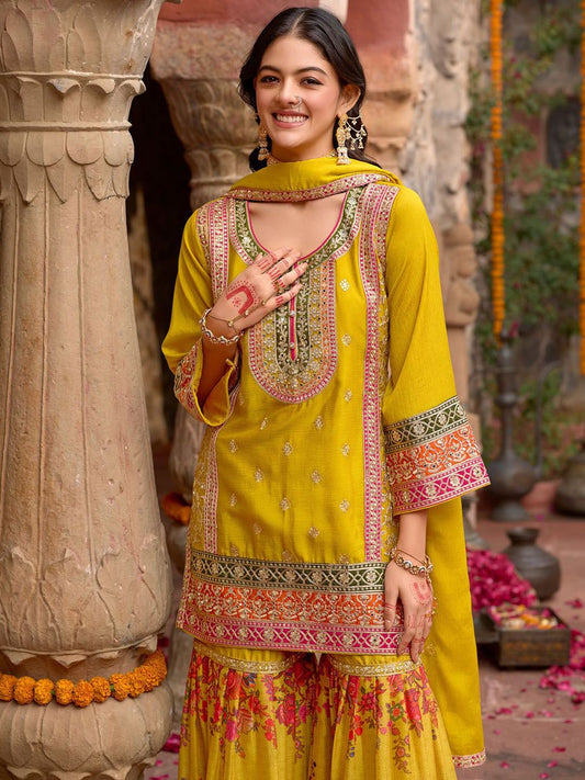 Dhiyona IE Embroidered Sequinned Kurti With Sharara & Dupatta