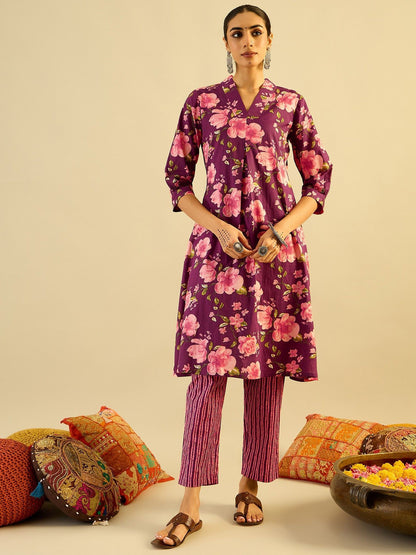 Floral Printed V-Neck Pure Cotton A-Line Kurta with Trouser