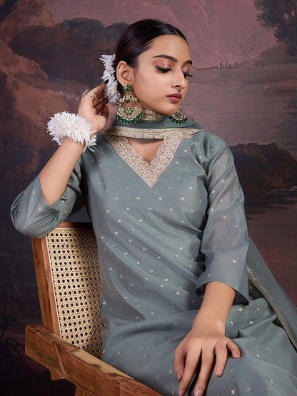 Dhiyona PD Women Floral Woven Design Straight Kurta With Trousers & Dupatta