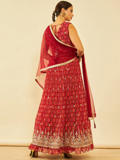 Dhiyona SO Women's Maroon Bandhani Printed Thread Work Georgette Anarkali Kurta & Churidar With dupatta