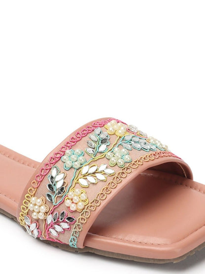 Dhiyona AK Peach-Coloured Embellished Open Toe Flats