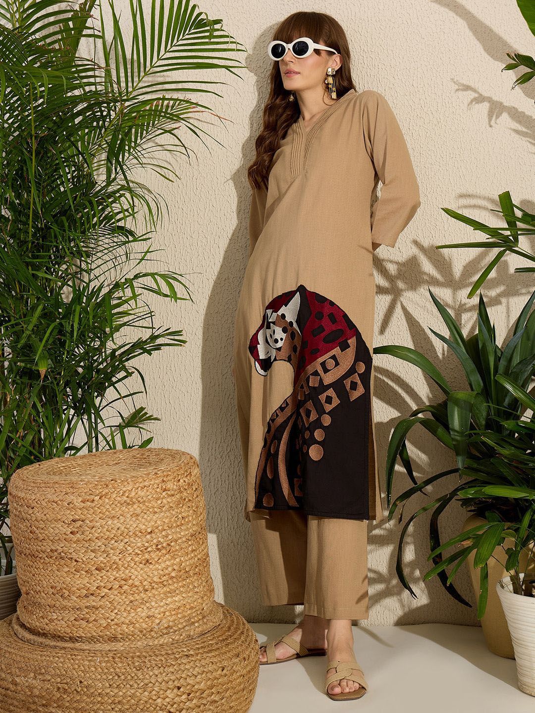 Adults-Women Woven Design Embroidered Cotton Kurta with Palazzos