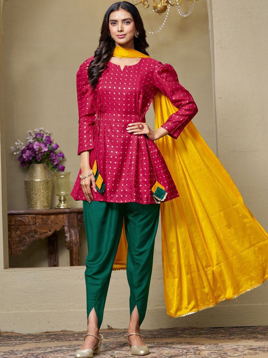 Dhiyona SN Women's Cotton Silk Zari Embroidered Kurti Dhoti and Dupatta Set