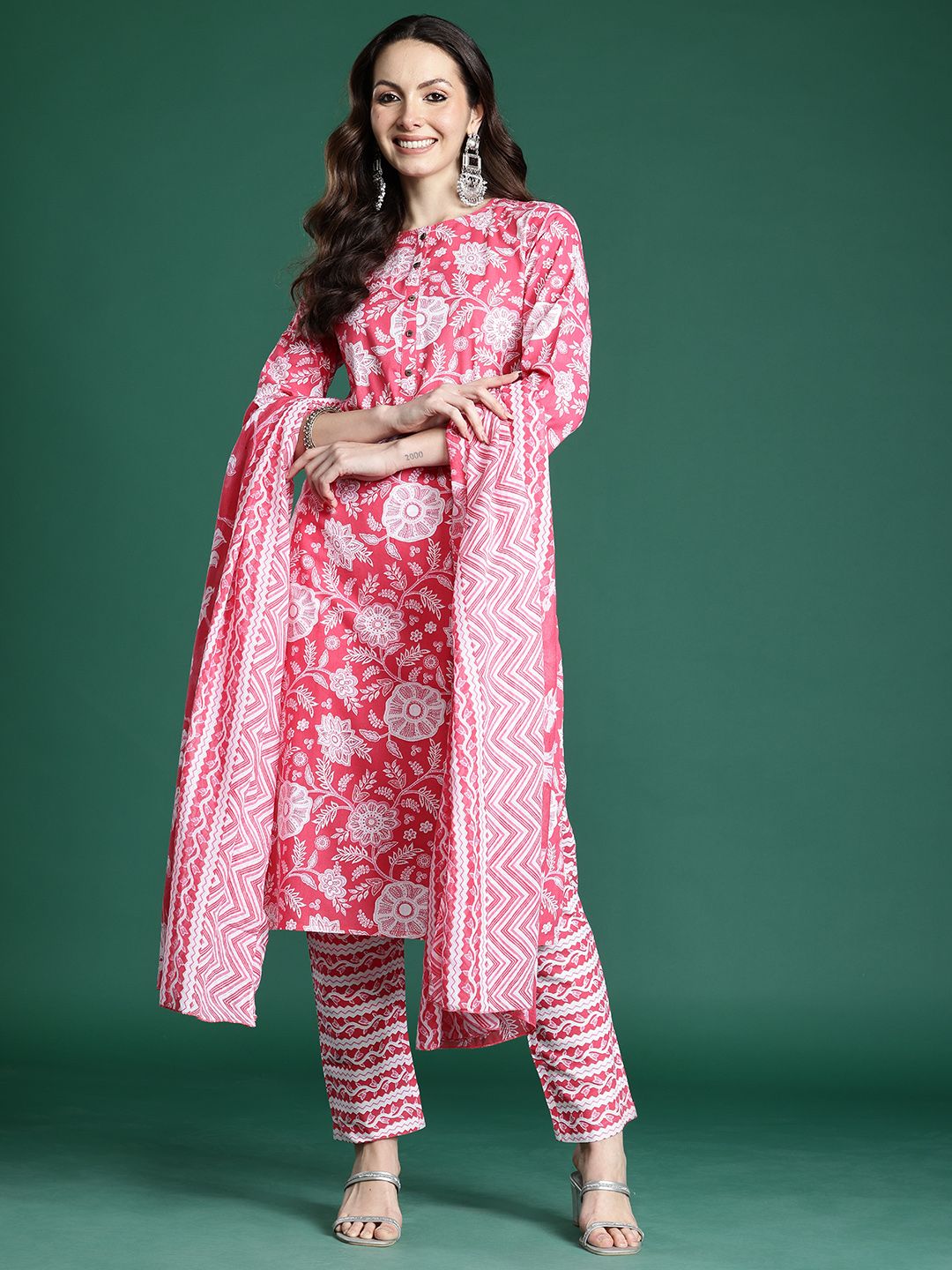 Floral Printed Pure Cotton Kurta with Trousers & Dupatta