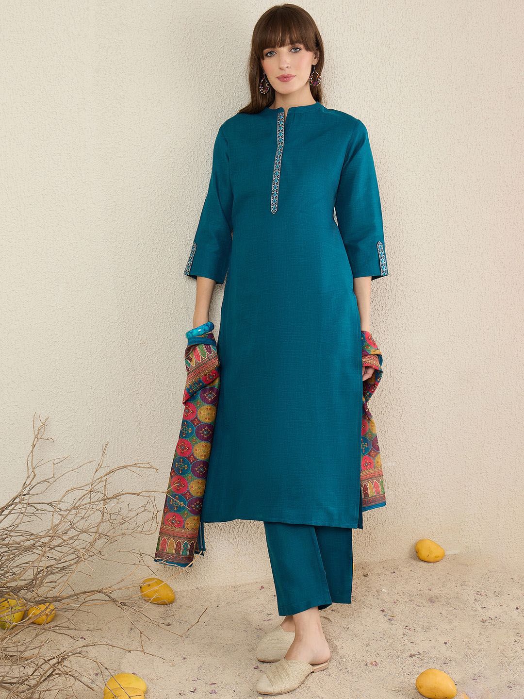 Dhiyona IE Women Solid Embroidered Kurta with Trousers & Dupatta