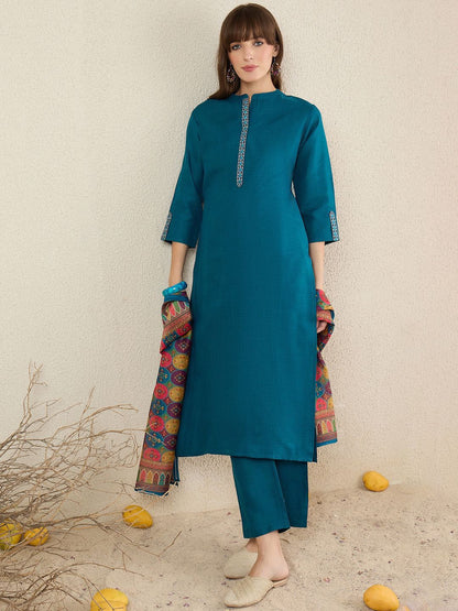 Dhiyona IE Women Solid Embroidered Kurta with Trousers & Dupatta