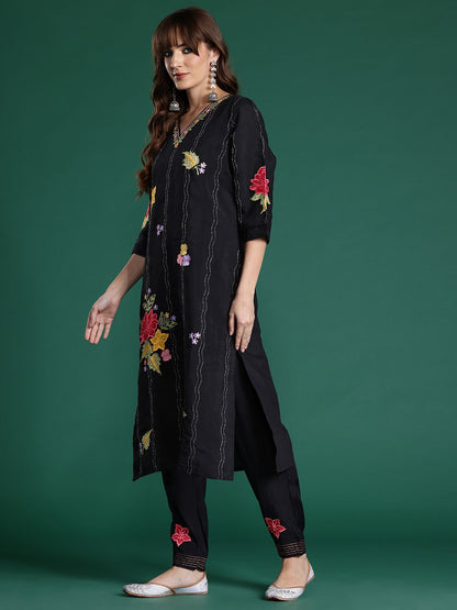 Floral Embroidered Sequinned Kurta With Trousers & Dupatta