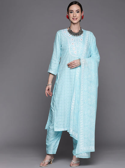 Dhiyona IE Women Turquoise Blue Floral Embroidered Mirror Work Chanderi Silk Kurta with Trousers & With