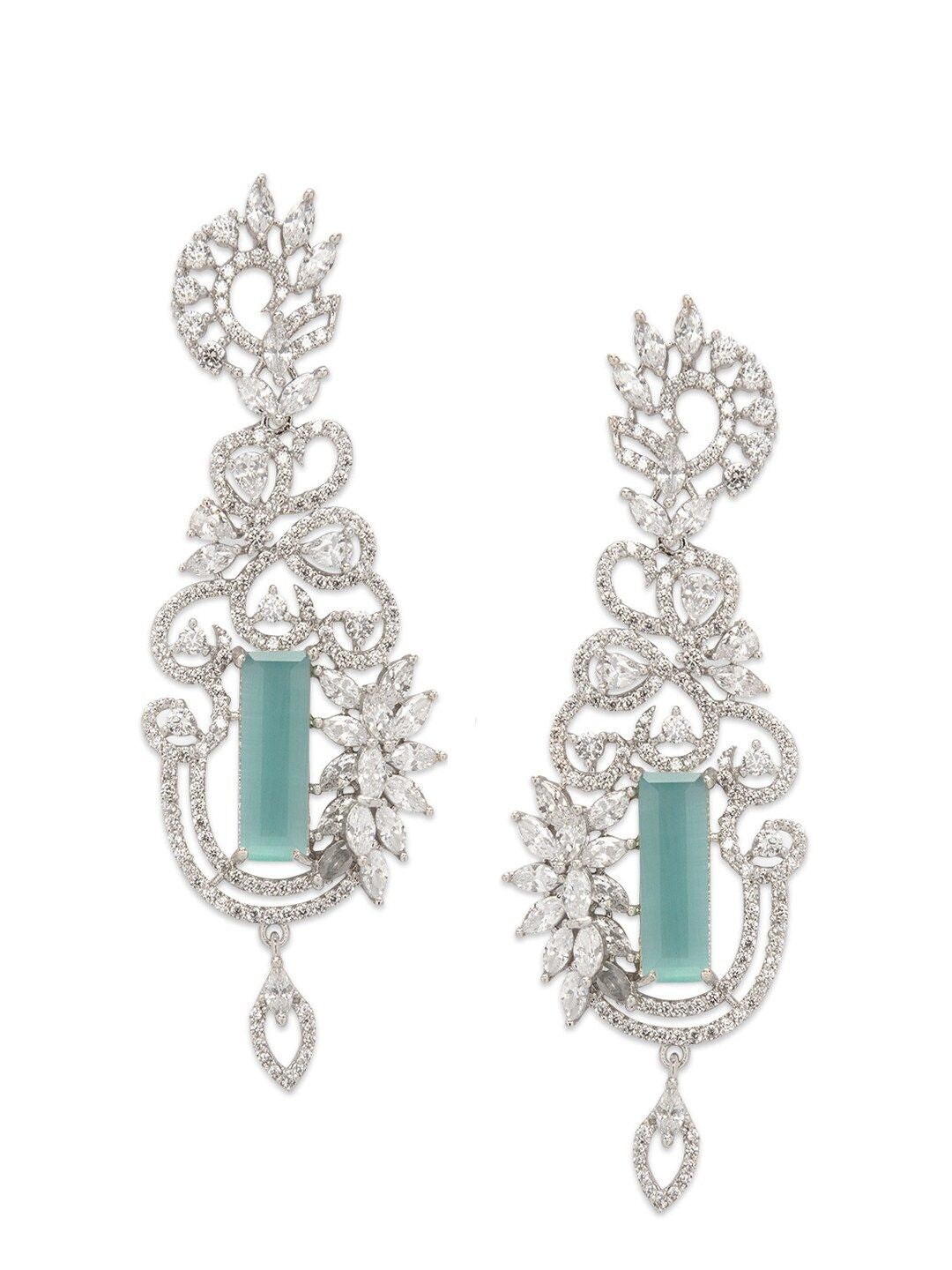 Dhiyona RJ Women's Silver-Toned & Green Leaf Shaped Drop Earrings