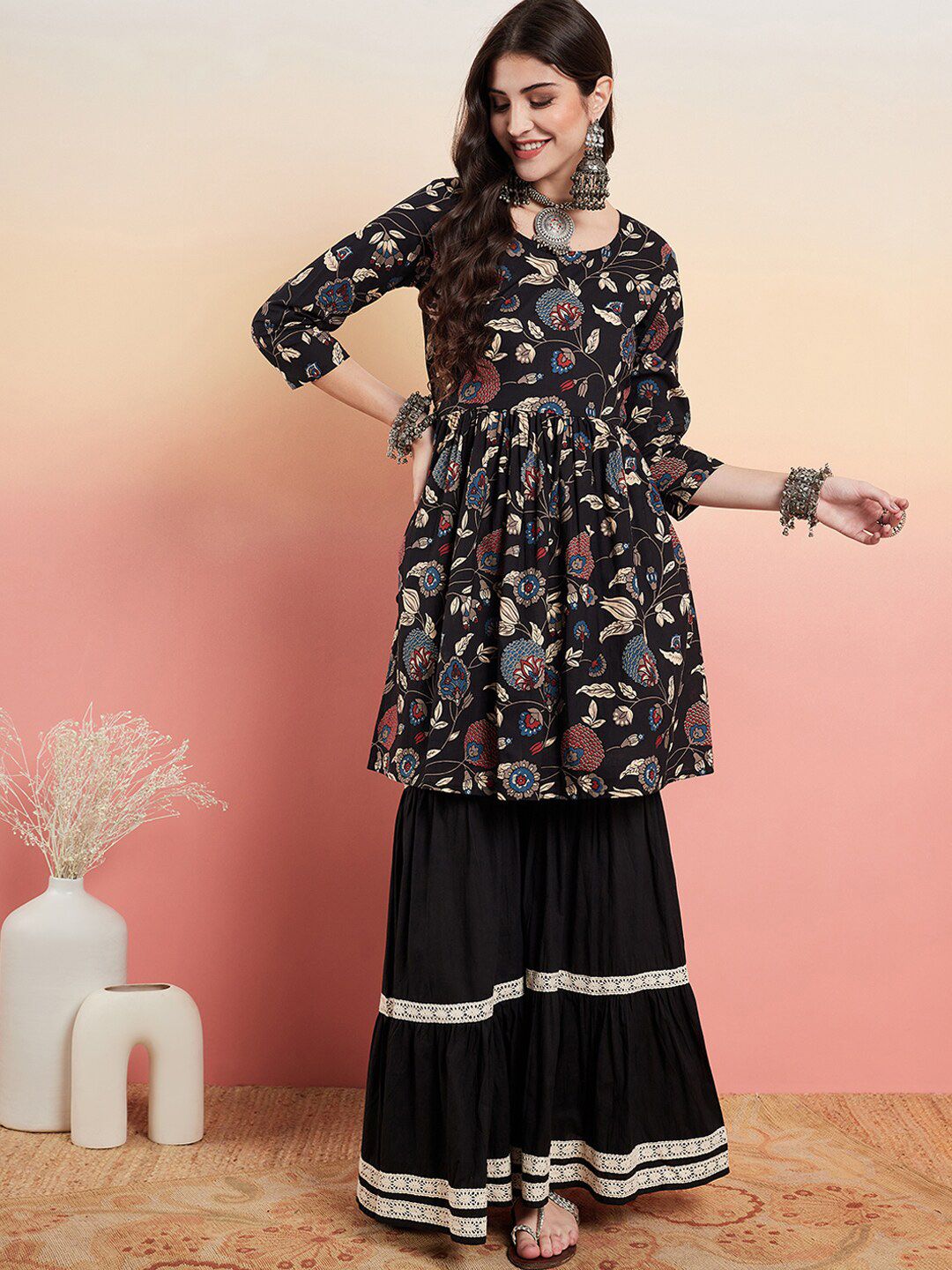 Dhiyona SN Women's Floral Printed Pure Cotton Anarkali Kurti With Sharara