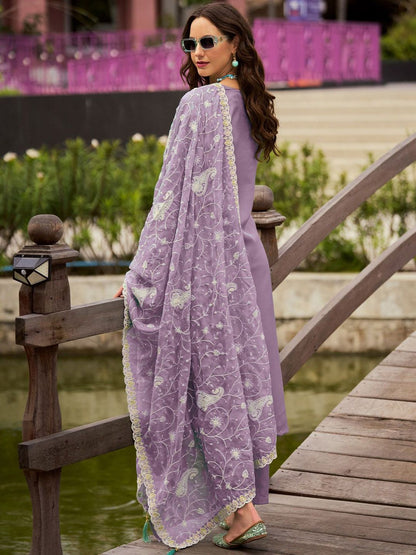 Dhiyona IE Floral Embroidered Round Neck Mirror Work Organza Kurta & Trouser & Dupatta