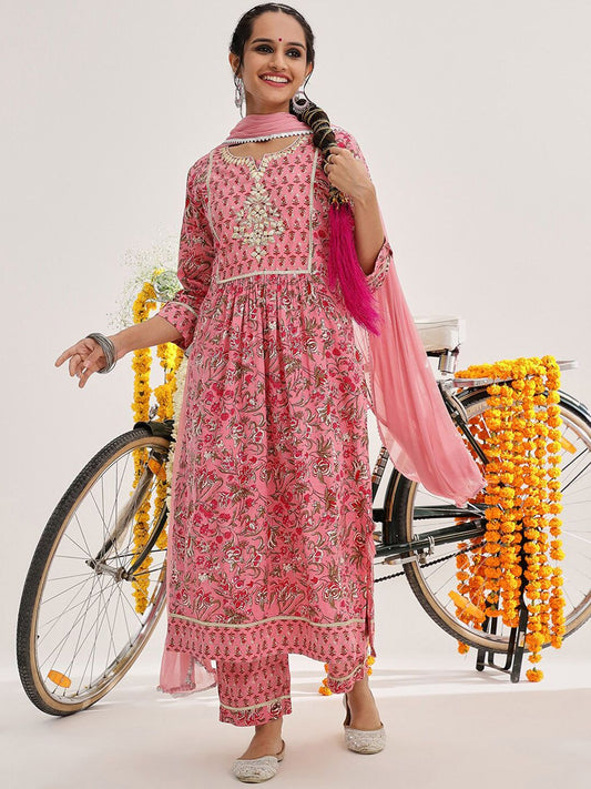 Dhiyona VA Women'sPink Ethnic Motifs Printed Thread Work Straight Kurta & Trousers With Dupatta