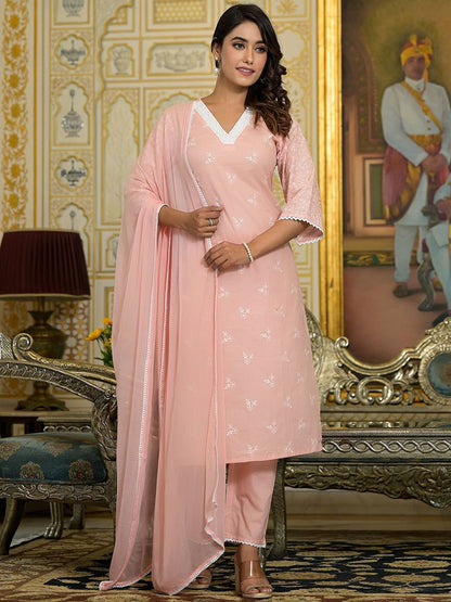 Dhiyona VA Women'sFloral Embroidered Chikankari Straight Kurta With Trousers & Dupatta