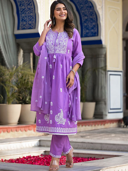 Dhiyona VA Women'sEthnic Motifs Embroidered Thread Work Pure Cotton Kurta with Trousers & Dupatta