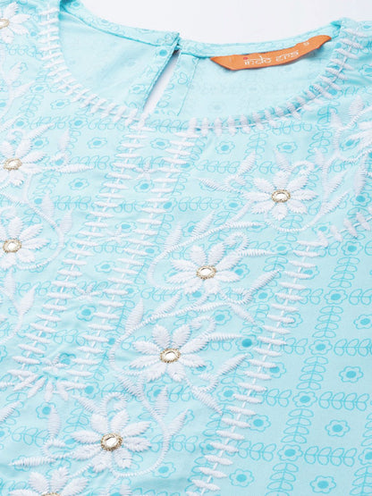 Dhiyona IE Women Turquoise Blue Floral Embroidered Thread Work Kurta with Trousers & With Dupatta