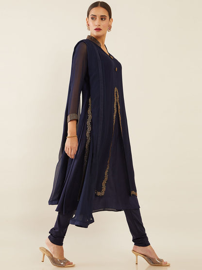 Dhiyona SO Women's Women Navy Blue Embellished Layered Silk Georgette Kurta with Churidar & Dupatta