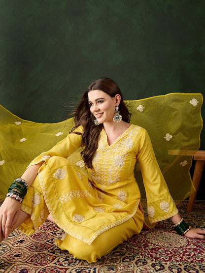 Dhiyona SN Women's Yellow Floral Embroidered Sequined Straight Kurta With Trousers & Dupatta