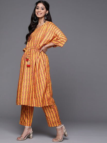 Dhiyona VA Women's Mustard Yellow & Pink Ethnic Motifs Printed Pure Cotton Kurta with Trousers