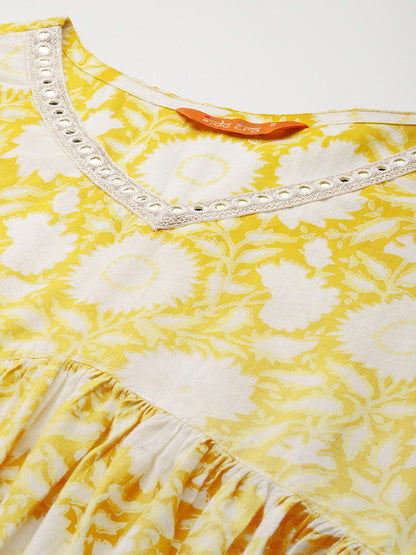 Women Floral Printed Empire Mirror Work Pure Cotton Kurta with Trousers & With Dupatta