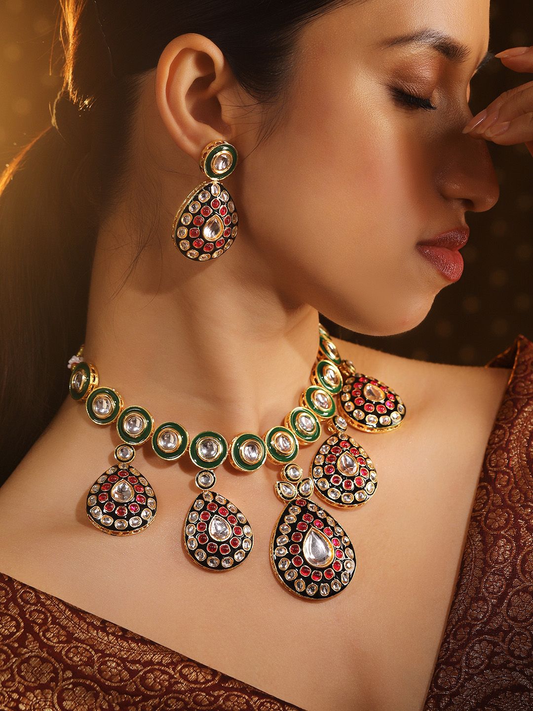 Dhiyona RJ Women's 24K Gold-Plated Green & Black Enamel Border Ruby Pink & White Kundan Necklace Set