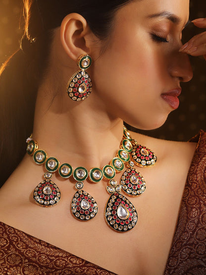 Dhiyona RJ Women's 24K Gold-Plated Green & Black Enamel Border Ruby Pink & White Kundan Necklace Set